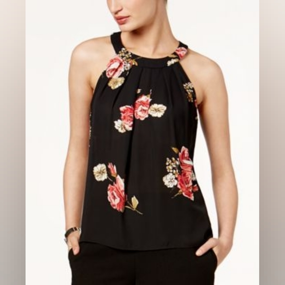 Nine West Black and Pink Floral Halter Top Size M